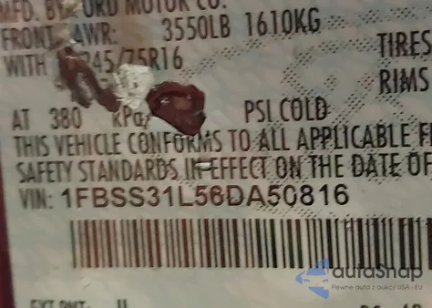 2006 Ford E-350 Super Duty Xl/Xlt из США, поврежденный, VIN 1FBSS31L56DA50816